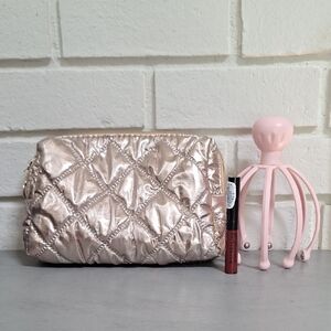 Quilted Gold Metallic Cosmetic Bag, Head Massager & Lip Gloss Bundle. New!